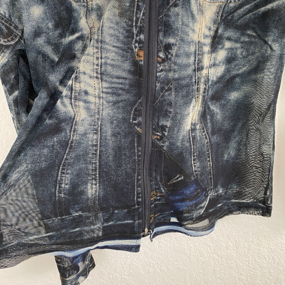 Damee M Denim Look Mesh Jacket Print Sheer Zip Rhinestone Western Wearable Art - Picture 2 of 5